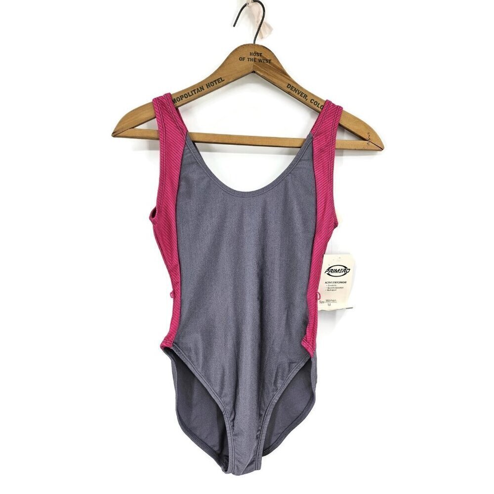 Vtg New 80s Primero by Marika Leotard Womens M Grey Pink Spandex Hi Cut